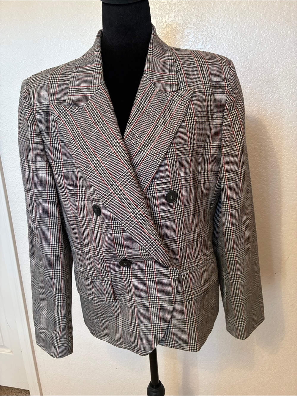 Rafaella Gray Glen Plaid Double-Breasted Blazer with Red Windowpane